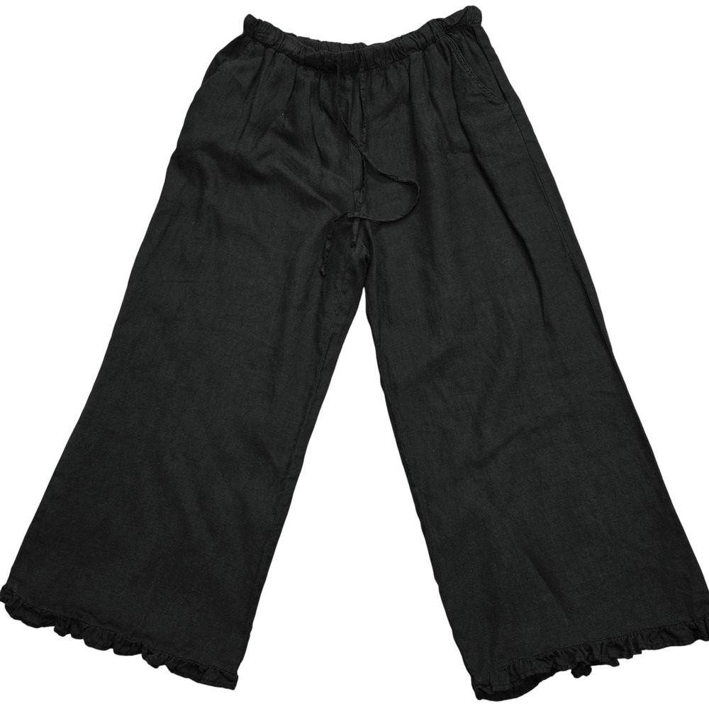 La FIXSUN Pants Womens L Black Cropped Linen Wide-Leg Drawstring Pockets Ruffle